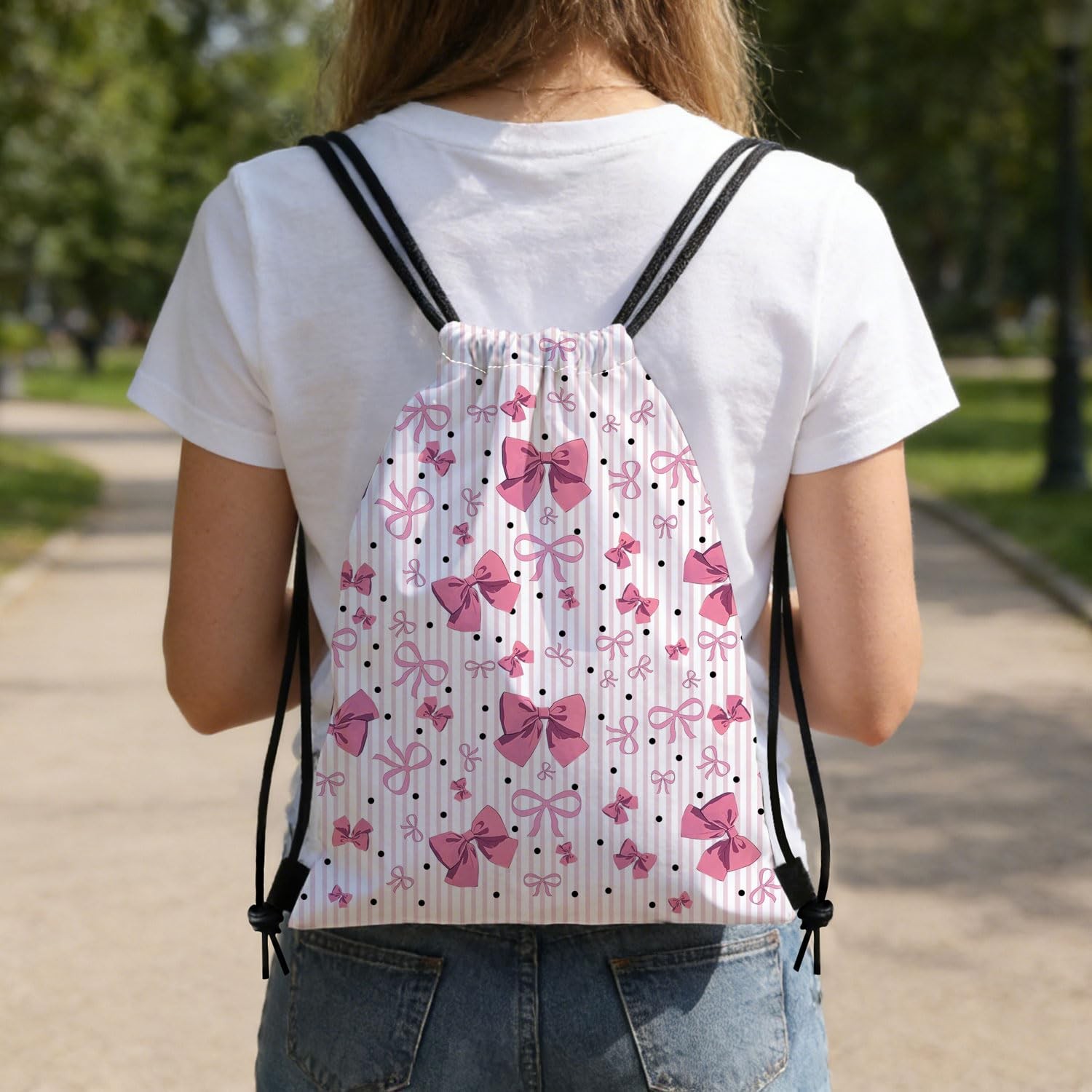 Pink Bow Knot Drawstring Backpack with Dual-Sided Print, Adjustable Cord & In…