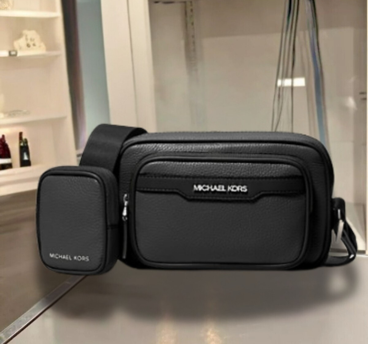 Michael Kors Cooper Men Pebbled Leather Crossbody Camera Bag with Pouch Black