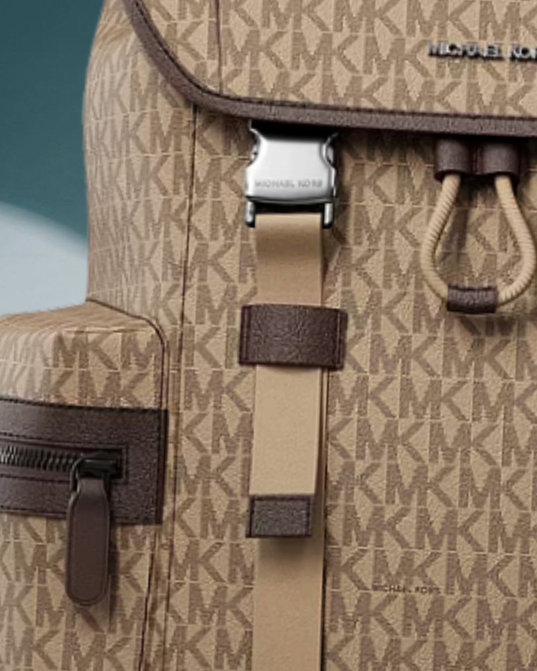 Michael Kors Cooper Men MK Logo Print Canvas Travel School Pocket Backpack Camel