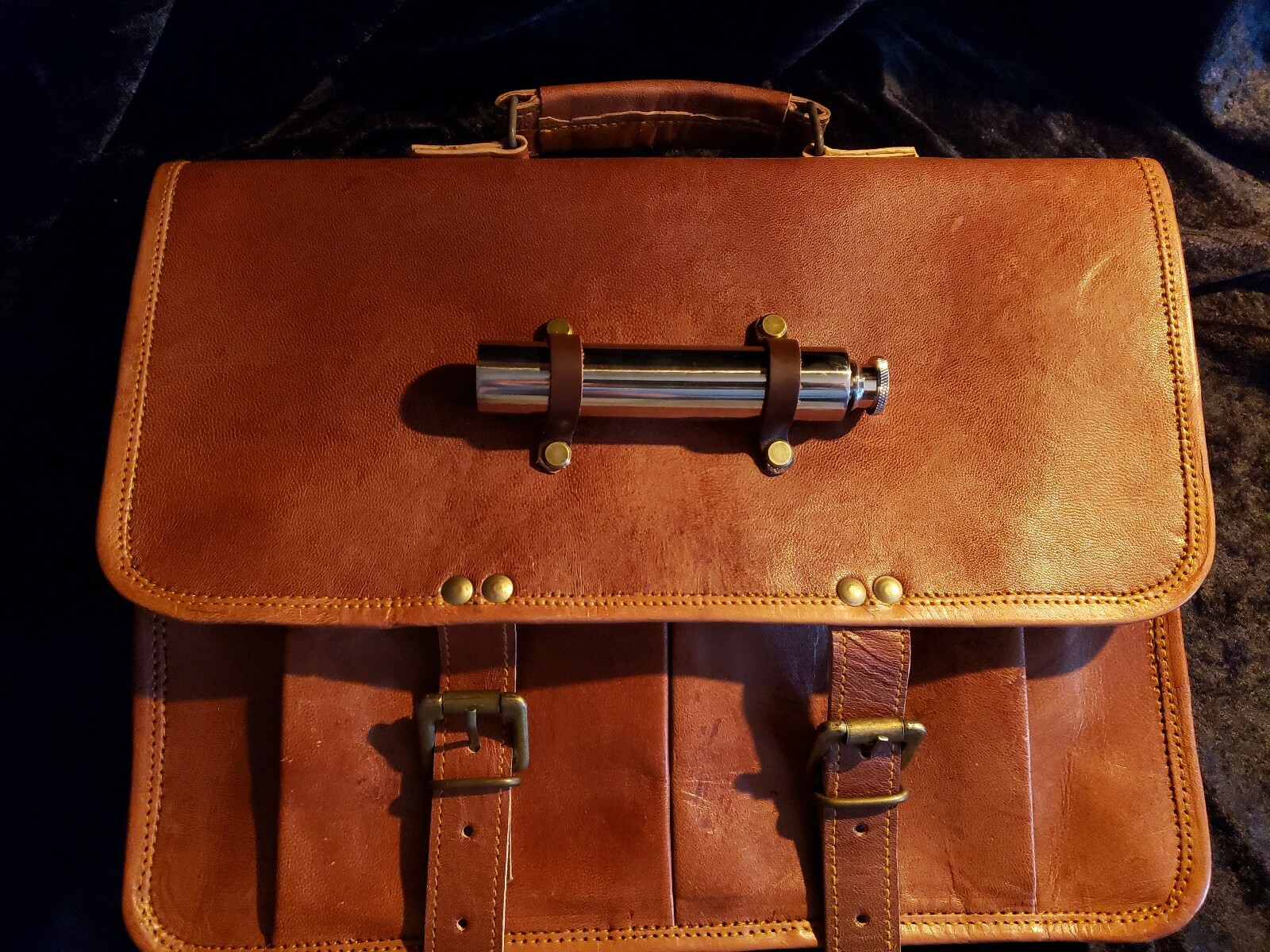 One of a Kind Genuine Leather Messenger bag with Strapped Cylinder Flask