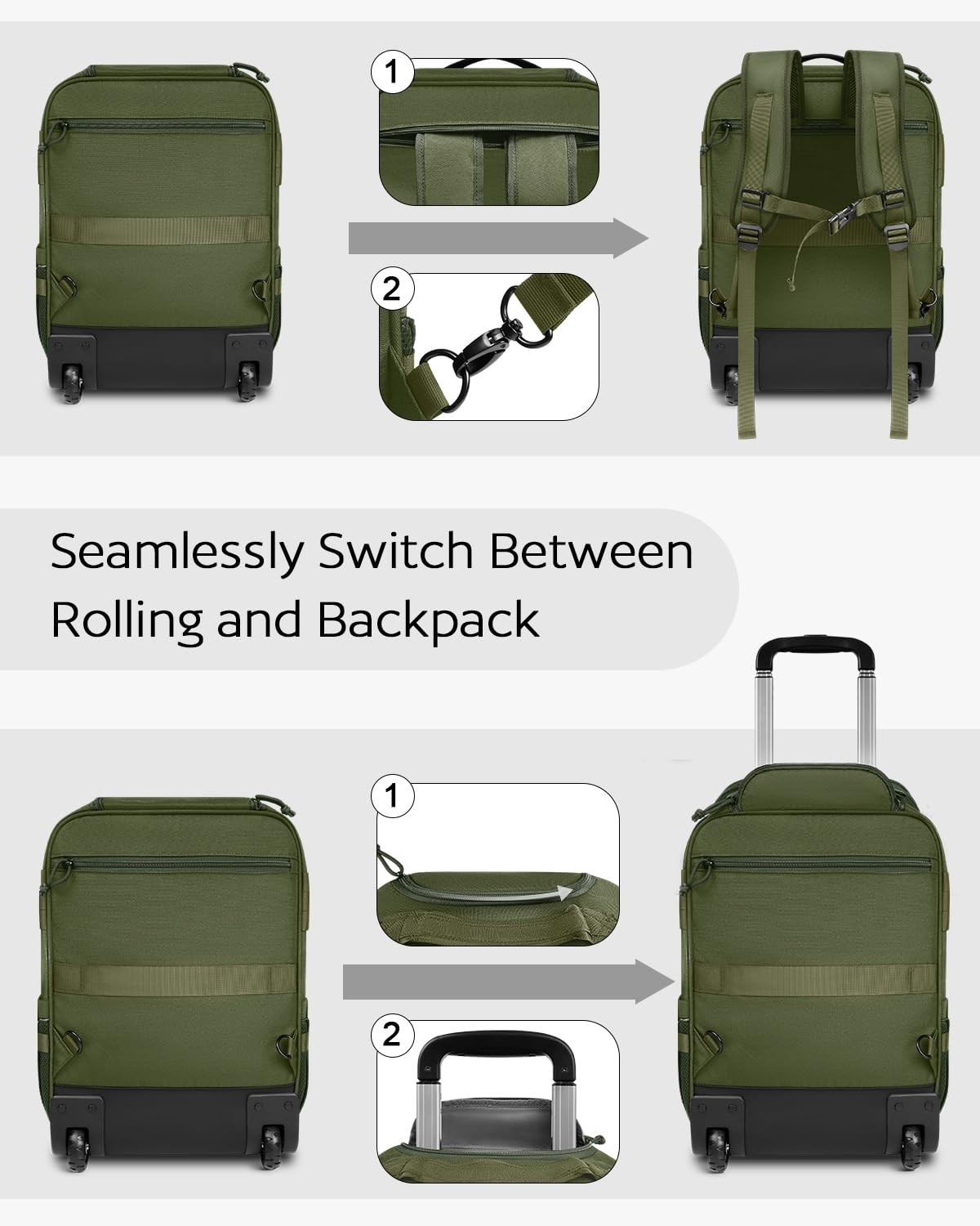Tactical Rolling Laptop Backpack, 16″ Wheeled Travel Bag, Molle Outdoor Carry-On