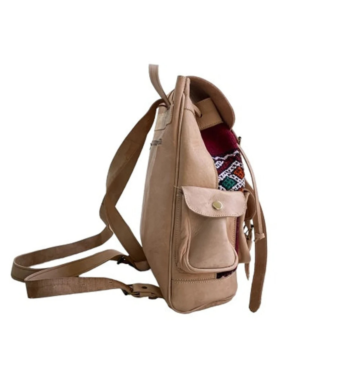 Handcrafted Genuine Leather & Red Kilim Backpack – Brown Leather | Central Zip