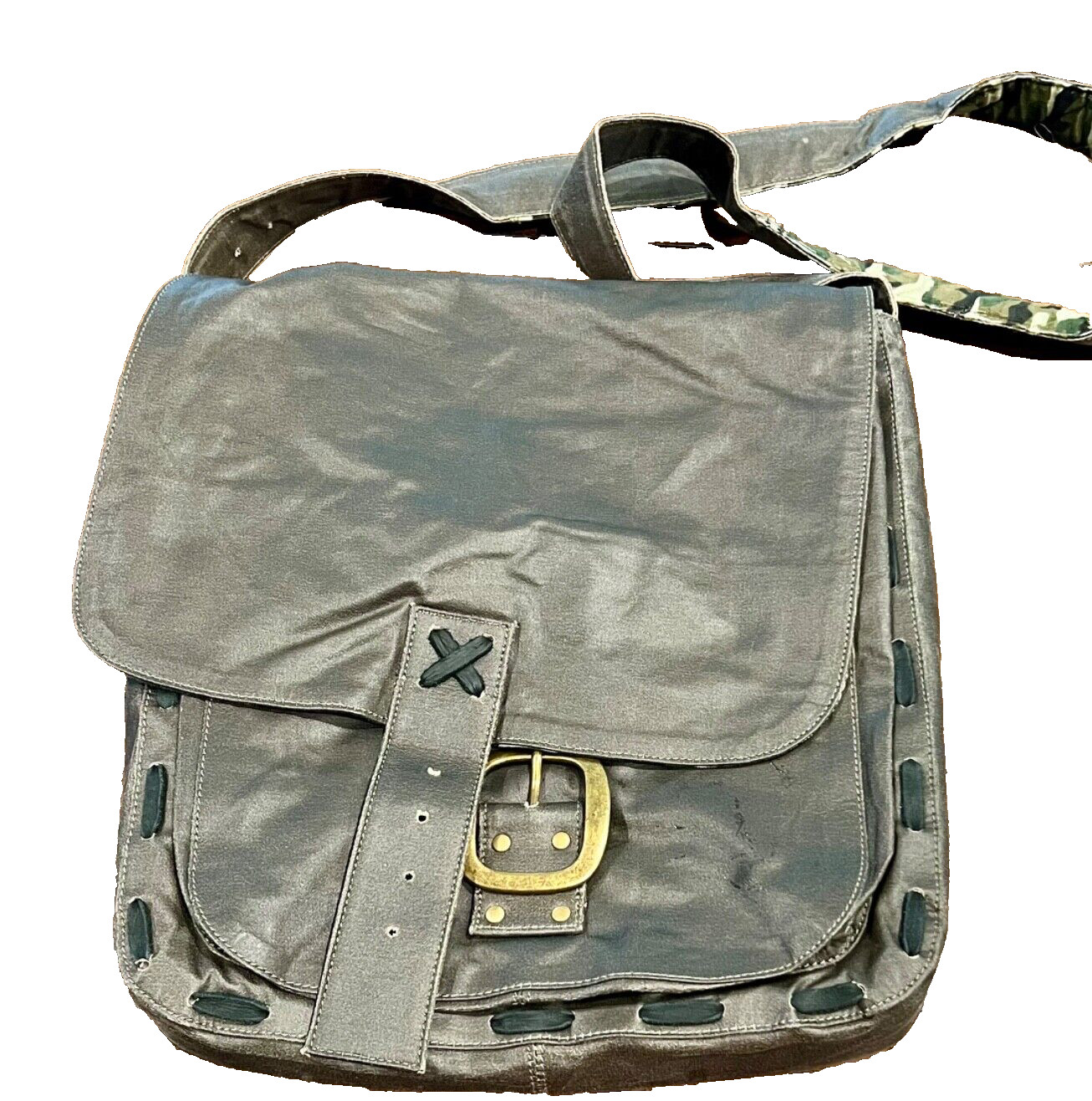 Messenger Shoulder Bag Canvas Faux Leather Flap with Camo Lining