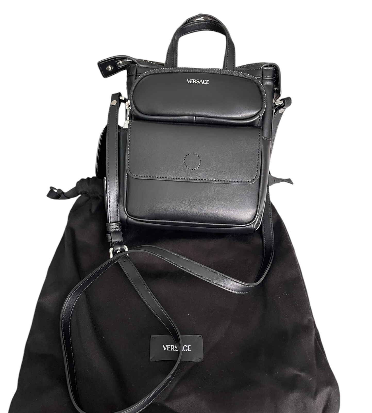Versace Black Men’s Leather multi-compartment messenger shoulder bag 1012234