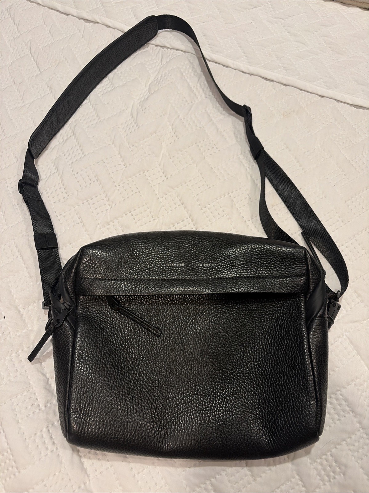 GRAMS(28) 154 Black Pebbled Leather Crossbody Messenger Bag Adjustable Strap