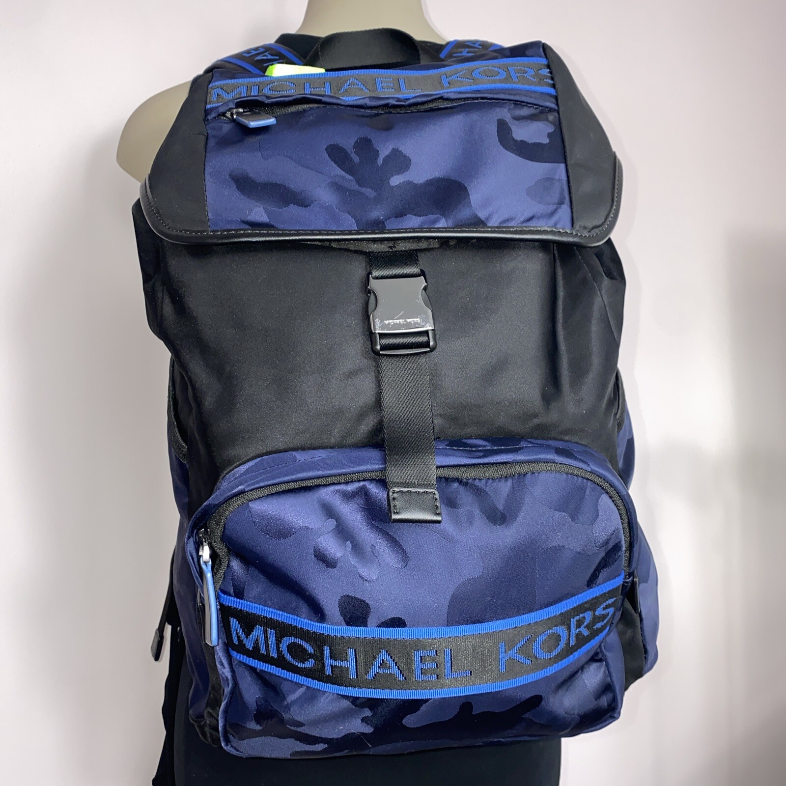 Michael Kors Kent Backpack Camouflage Large Blue Nylon Flap Pocket B3L