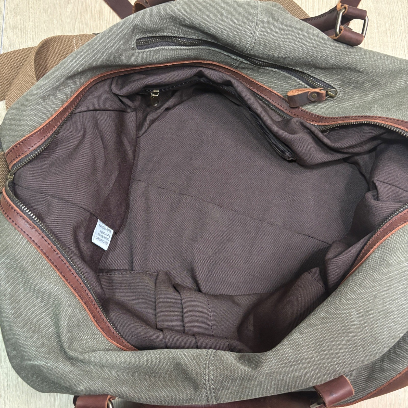 S-ZONE Canvas Leather Duffel Bag Weekender Overnight Travel Bag Green Brown