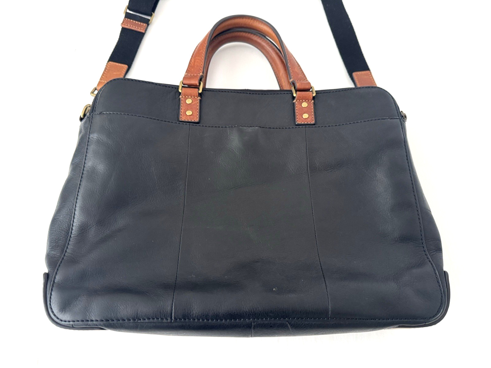 Fossil Defender Briefcase Black Leather Top Handles Crossbody Strap Double Zip