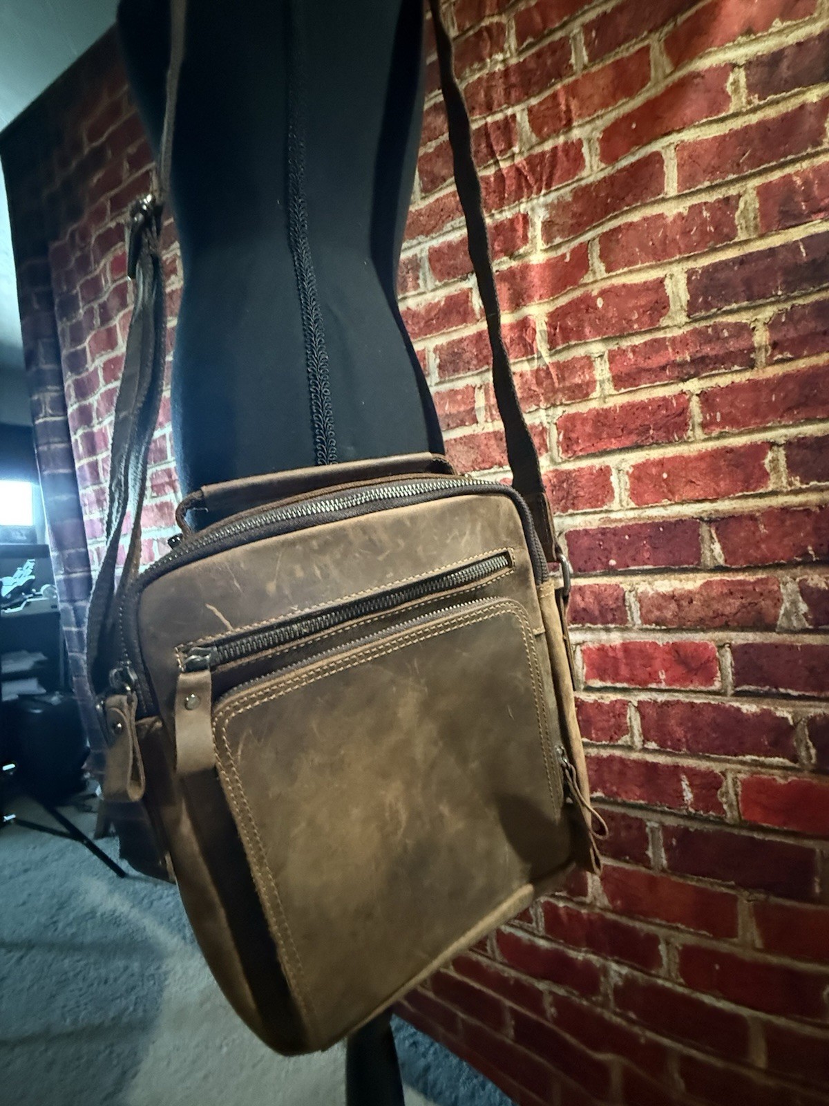 Brown Bomber Leather Crossbody Bag Zip Closure Adjustable Strap Unisex Casual