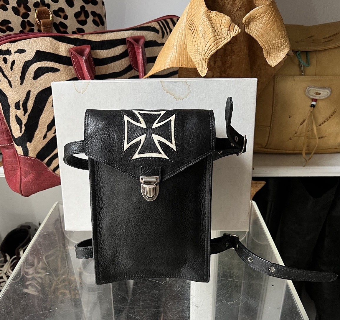 Vintage Black Gothic Sissy Bar Motorcycle Leather Saddle Bag Handmade