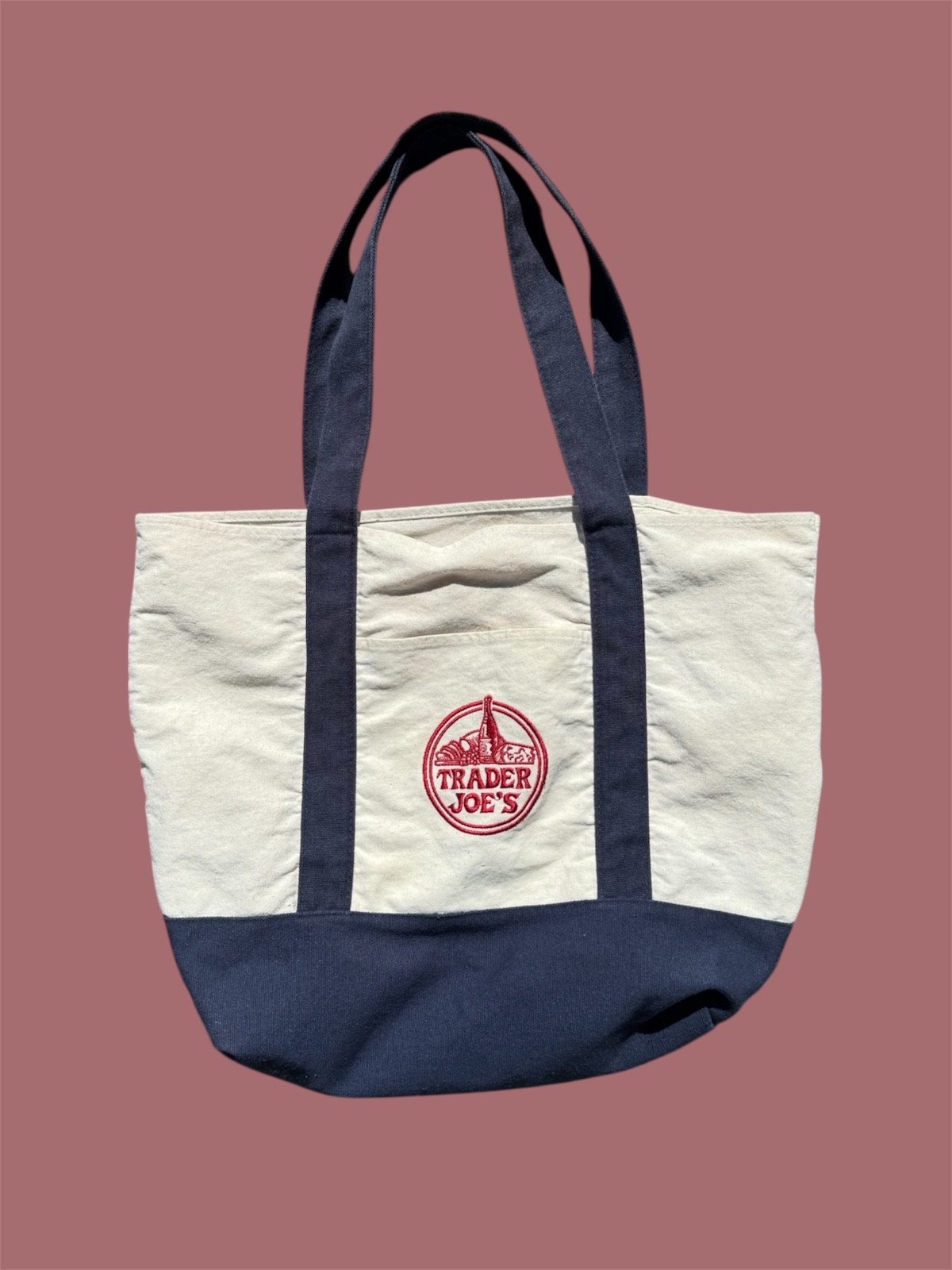 Trader Joe’s Canvas Tote Bag white and navy blue with red embroidery
