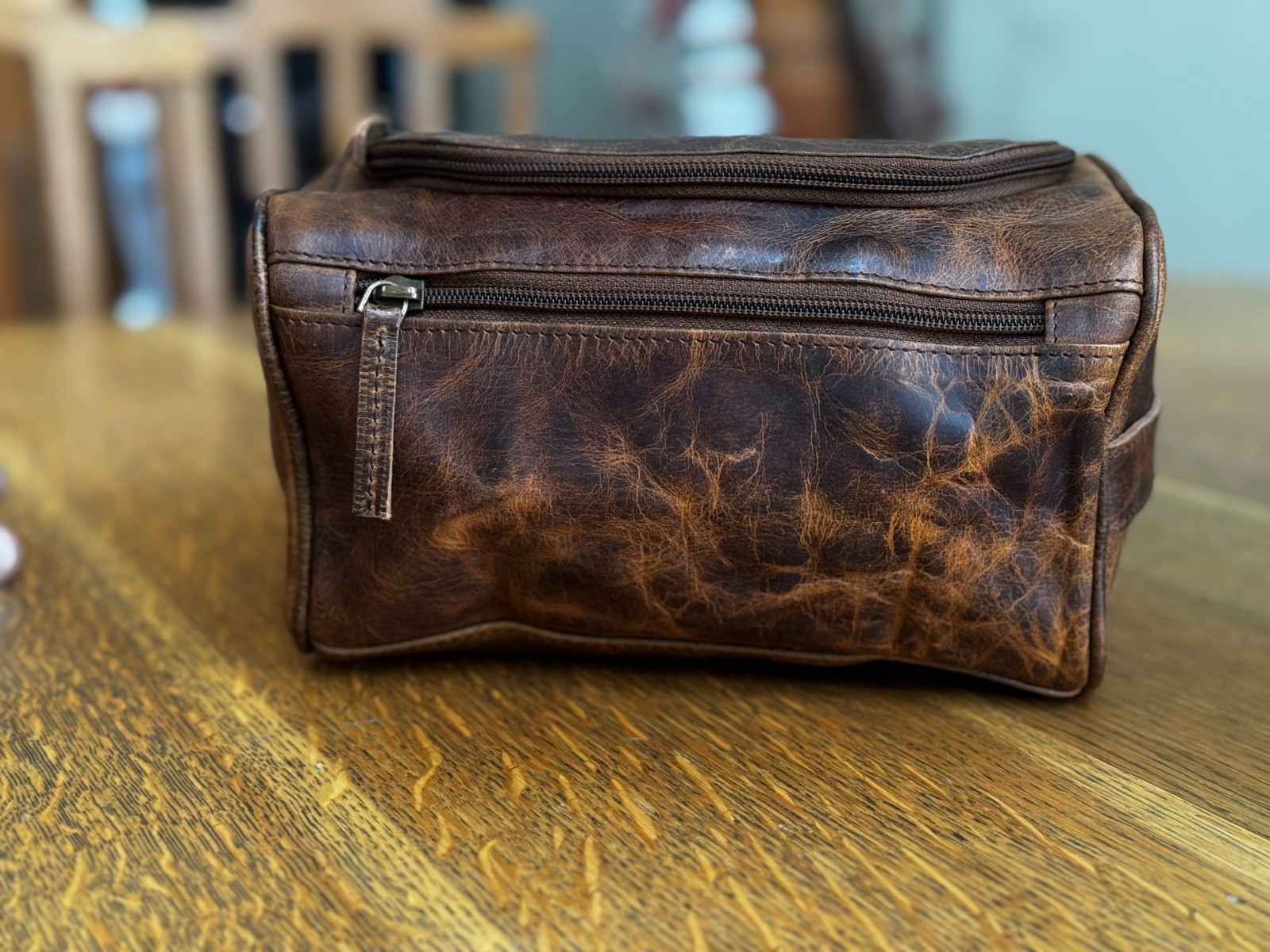 Medium size Grain Leather Dopp Kit Shaving Toiletry Travel Bag Dark Brown