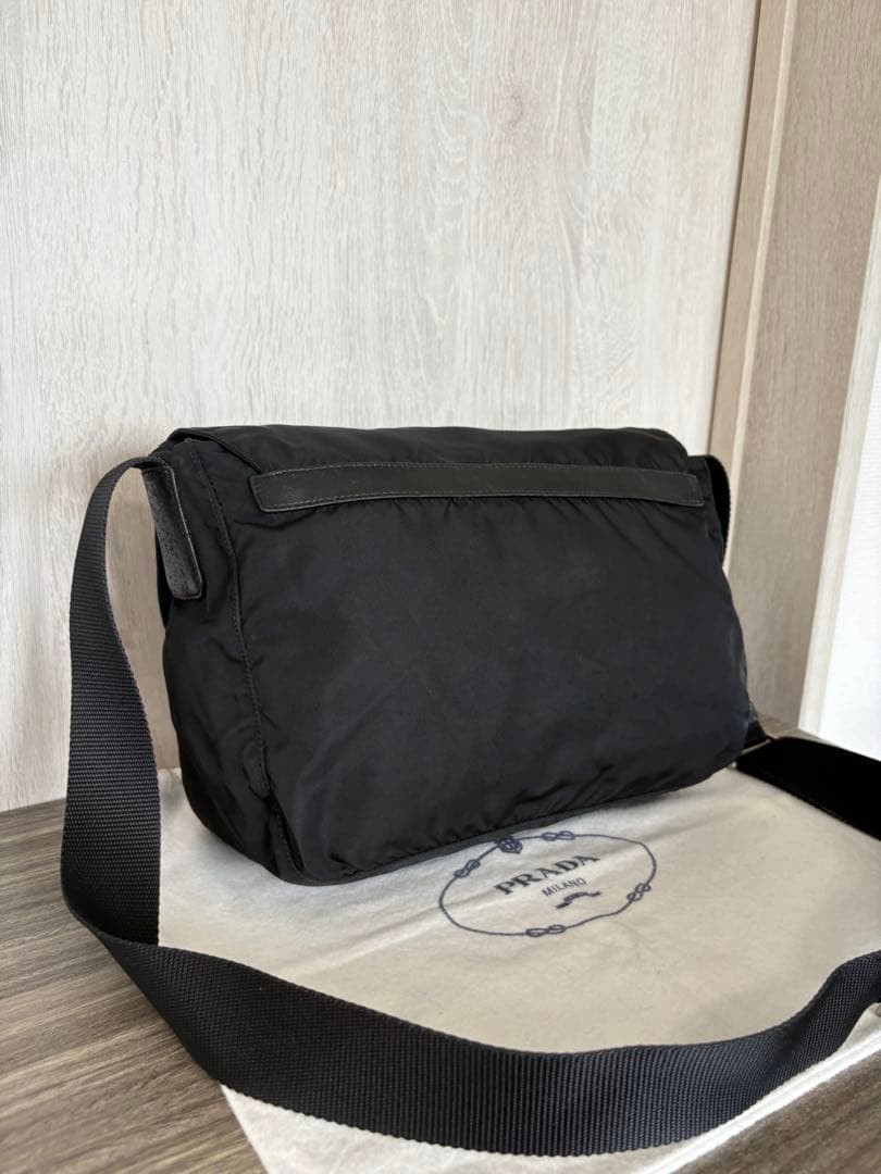 PRADA Shoulder Bag Tessuto Nylon Leather Triangle Logo Black Excellent Condition