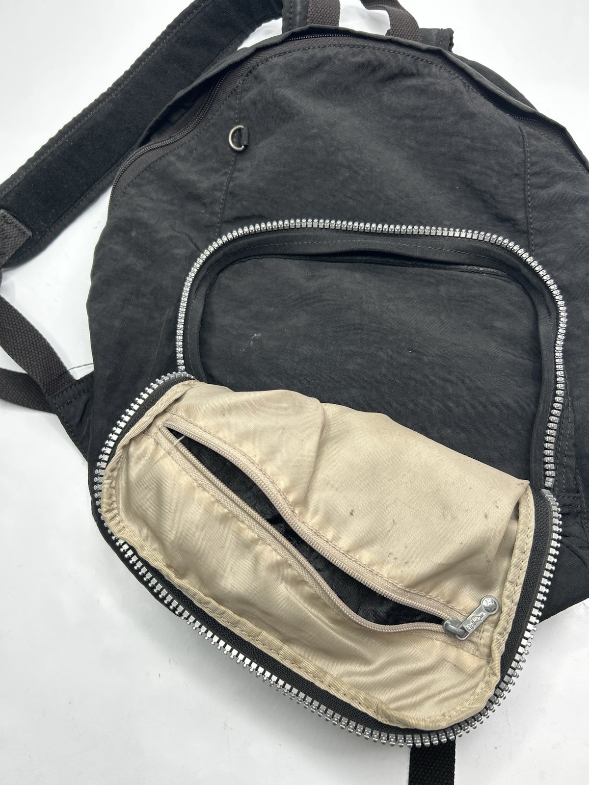 Kipling Black Canvas Lightweight Backpack Grey Zipper 12x17x5 Shoulder Straps