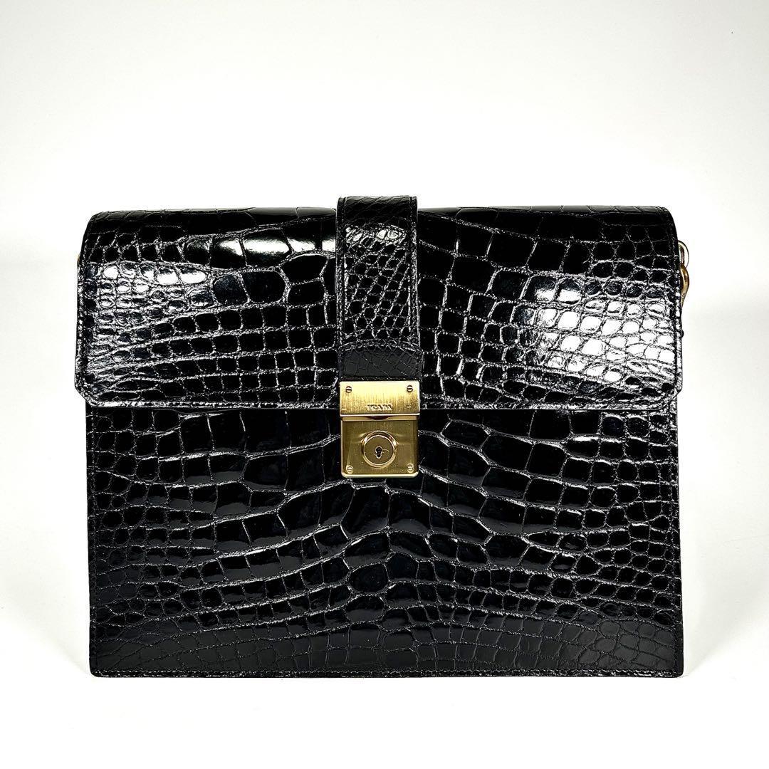 PRADA Real Crocodile Shining Center Business Bag hand bag Auth key charm
