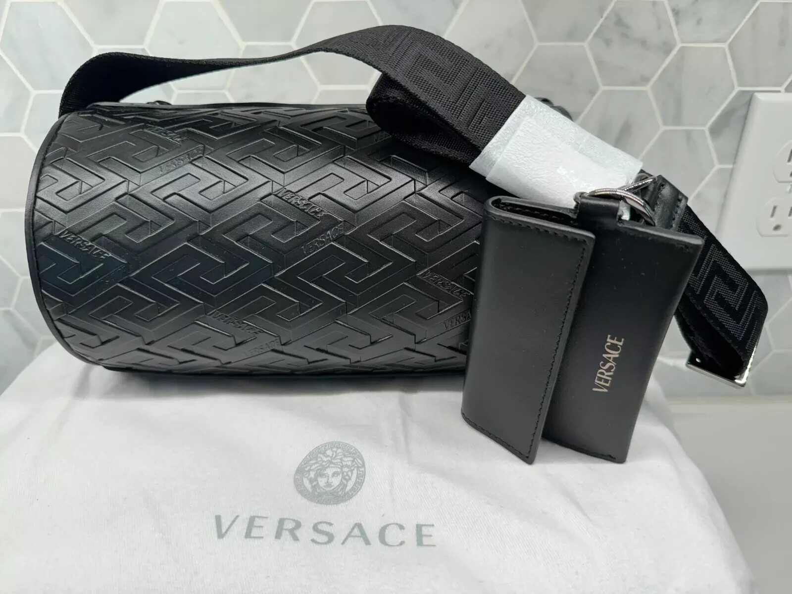 Versace LA GRECA SIGNATURE MESSENGER Leather Logo Monogram Embossed Bag 1007683