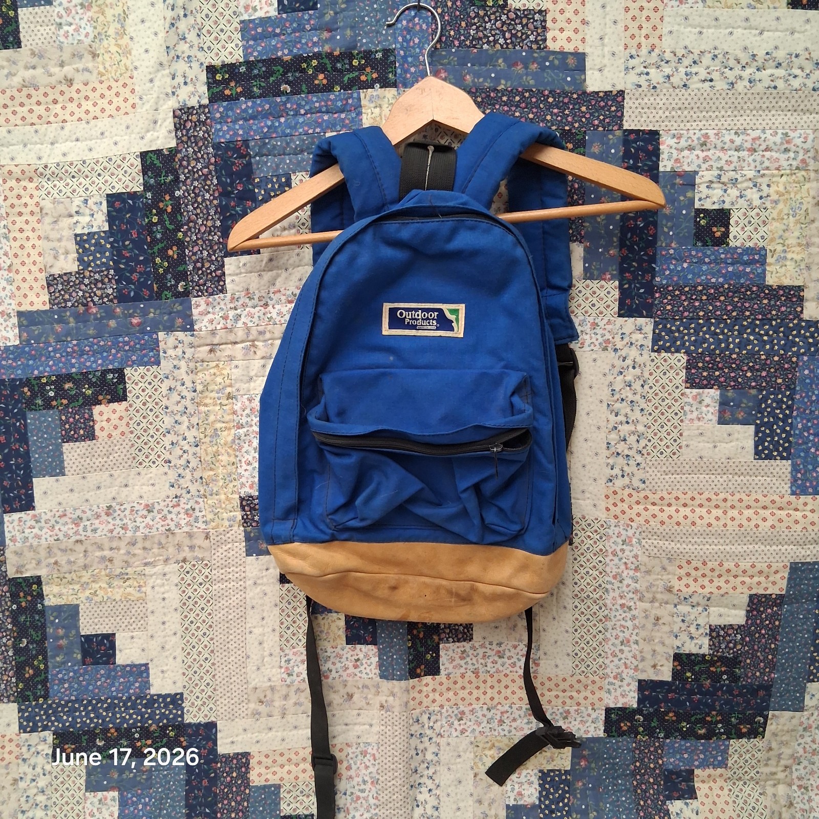 Vintage 80s Outdoor Products Made in USA Blue Nylon Backpack with Leather Bottom