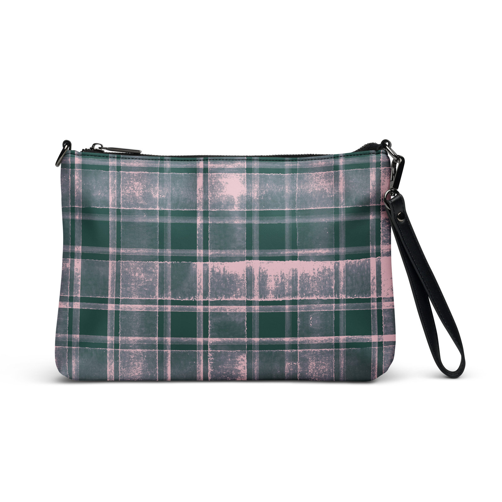 Womens Distressed Plaid Pink Gray Black Grunge Print Crossbody Bag or Wristlet