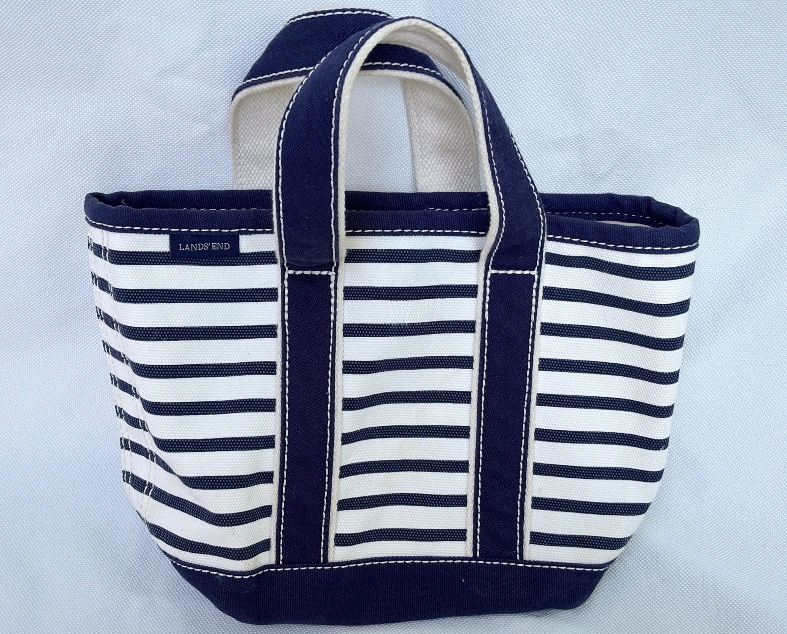 Lands’ End Canvas Tote Bag Navy White Striped Open Top Beach Preppy 12”