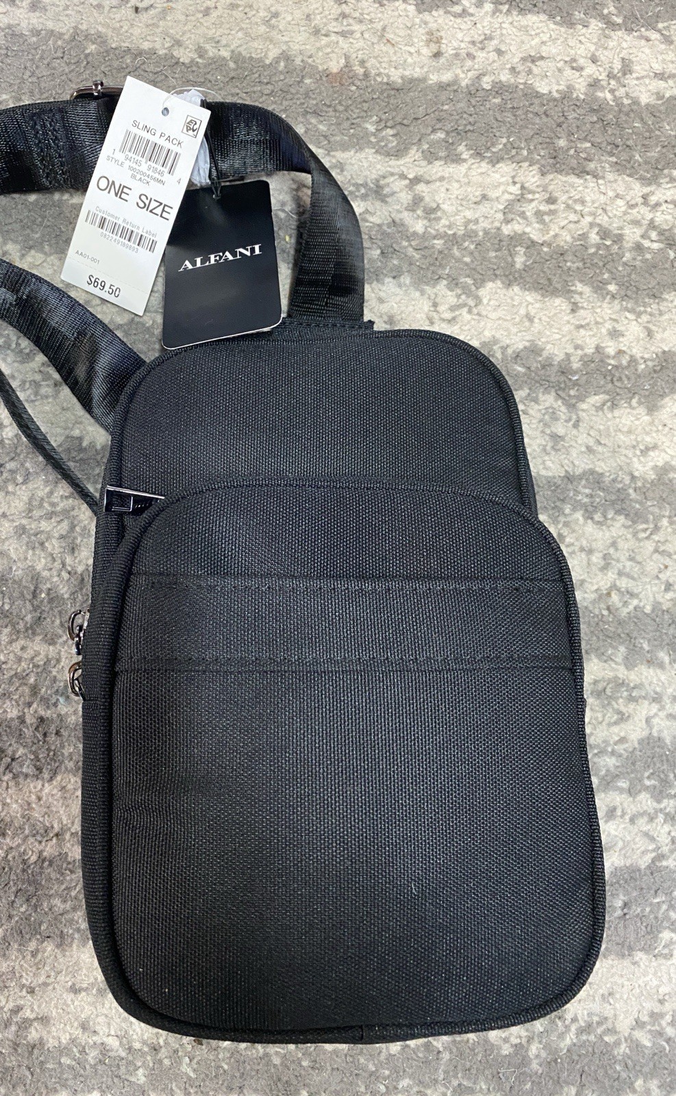 Alfani Men’s Black Sling Pack Crossbody Bag Zip, Adjustable Strap, Pockets