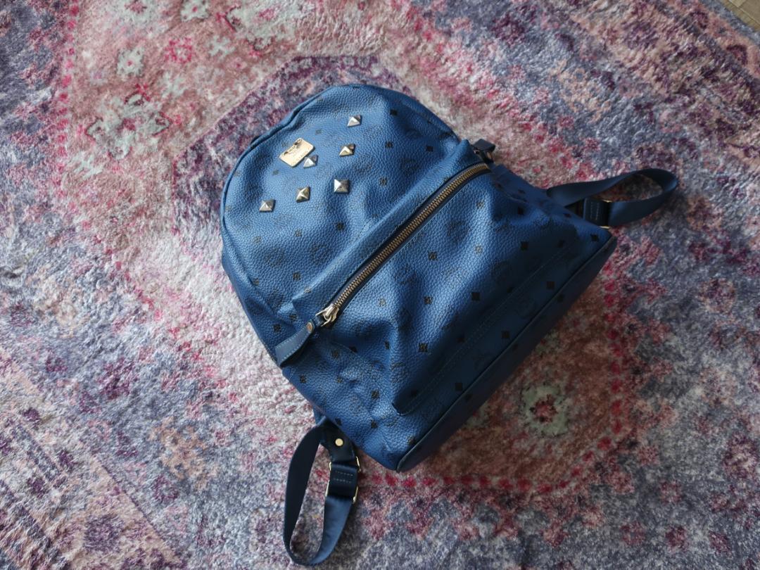 MCM Visetos Studded Backpack Dark Blue Logo Metal Plate 35cm x 40cm x 20cm Rare