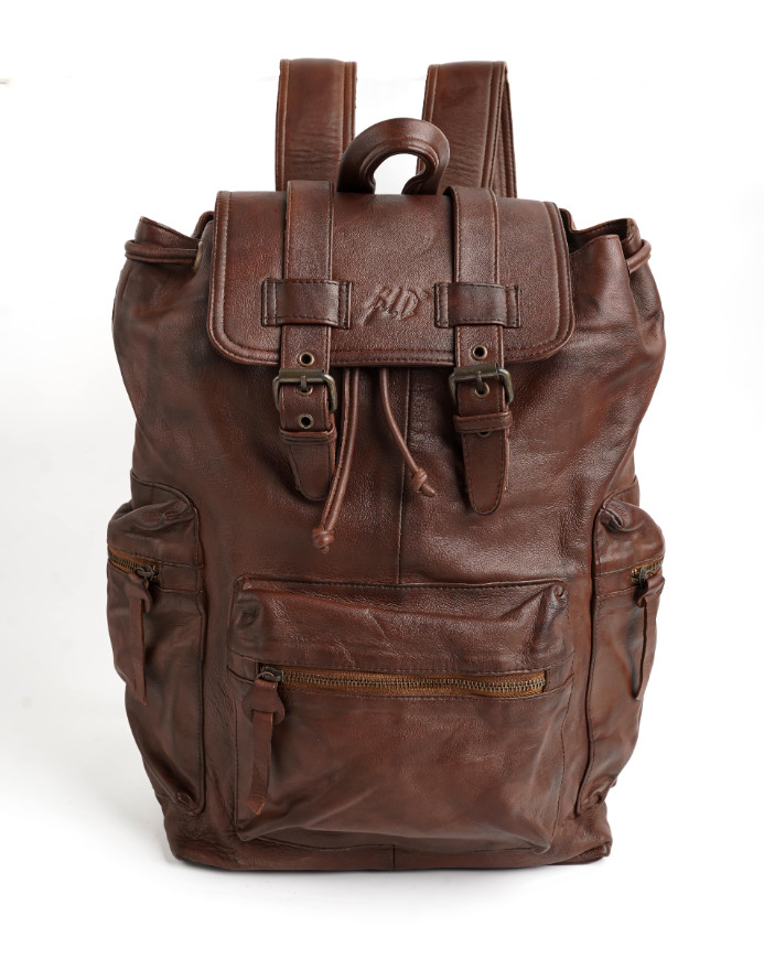 Leather Backpack Men Brown Laptop Office Travel Bag Zipper Double Shoulder Strap