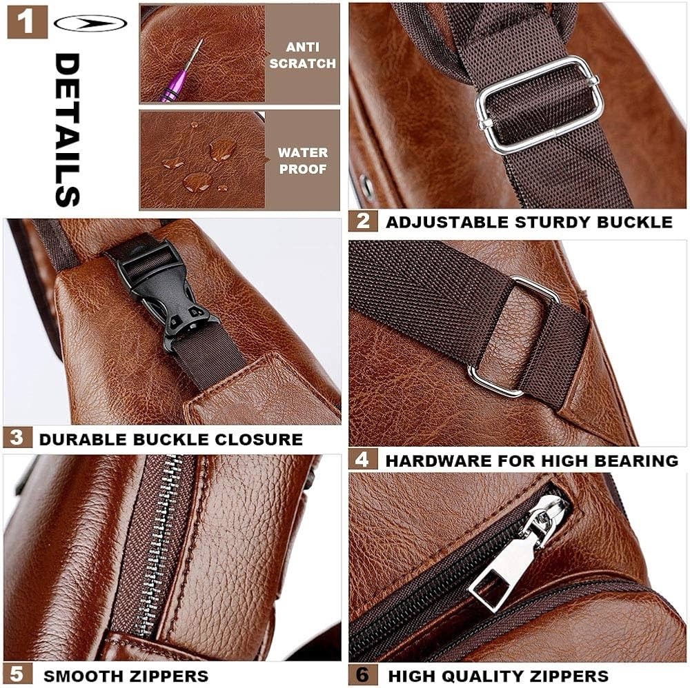 LEBULLBRO Men Sling Backpack Genuine Leather Chest Crossbody Travel Shoulder Bag