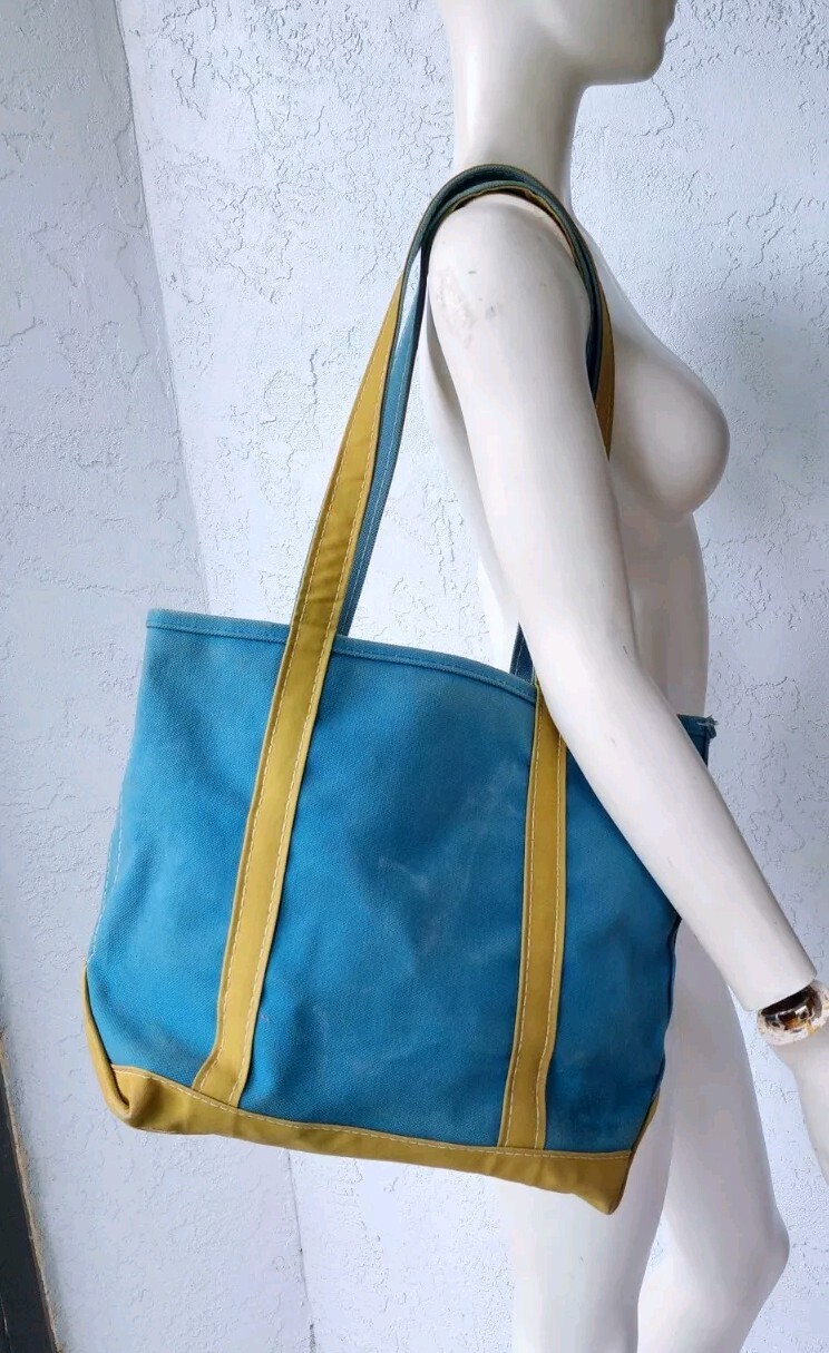 Vintage 90s LL Bean Canvas Boat & Tote Bag Green & Blue Retro 16×11