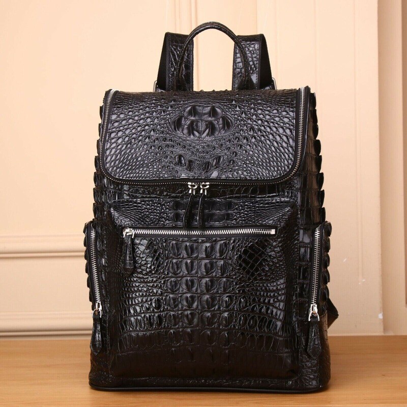 100% Real Leather Backpack, New Crocodile Pattern Travel Backpack Large Rucksack