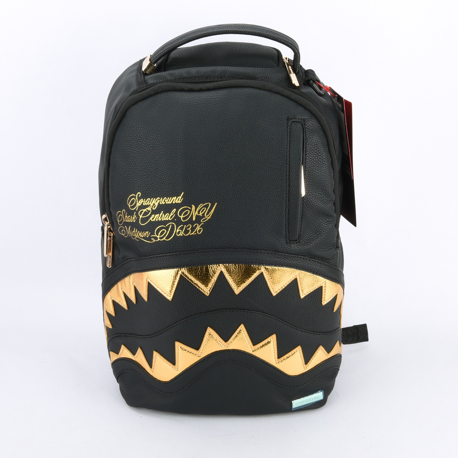 Sprayground Shark Central Gold DLXSV Leather Bag zipper Backpack Unisex Black