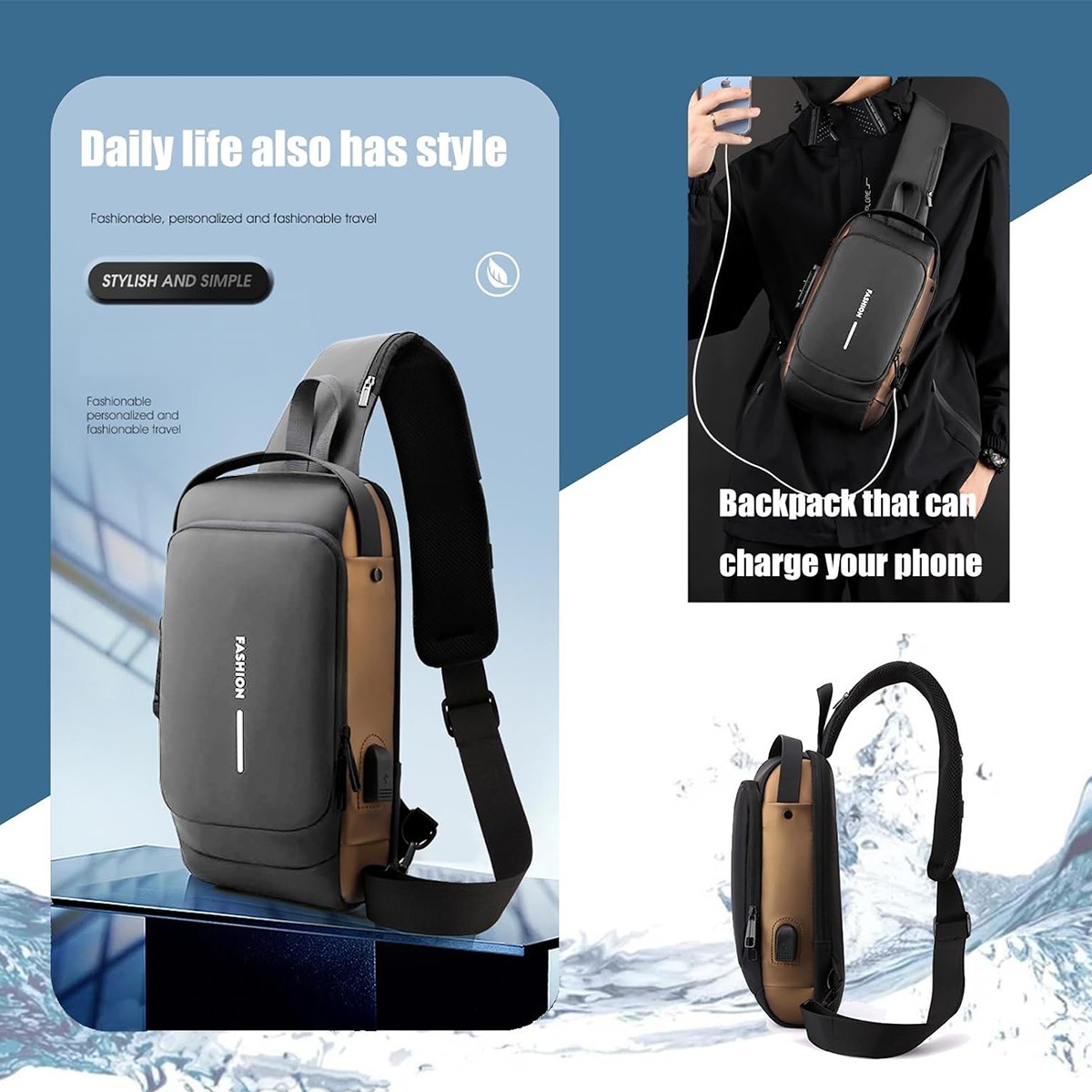 Anti Theft Sling Bag Waterproof Chest Bag Crossbody Backpack w/ USB Charge Port~