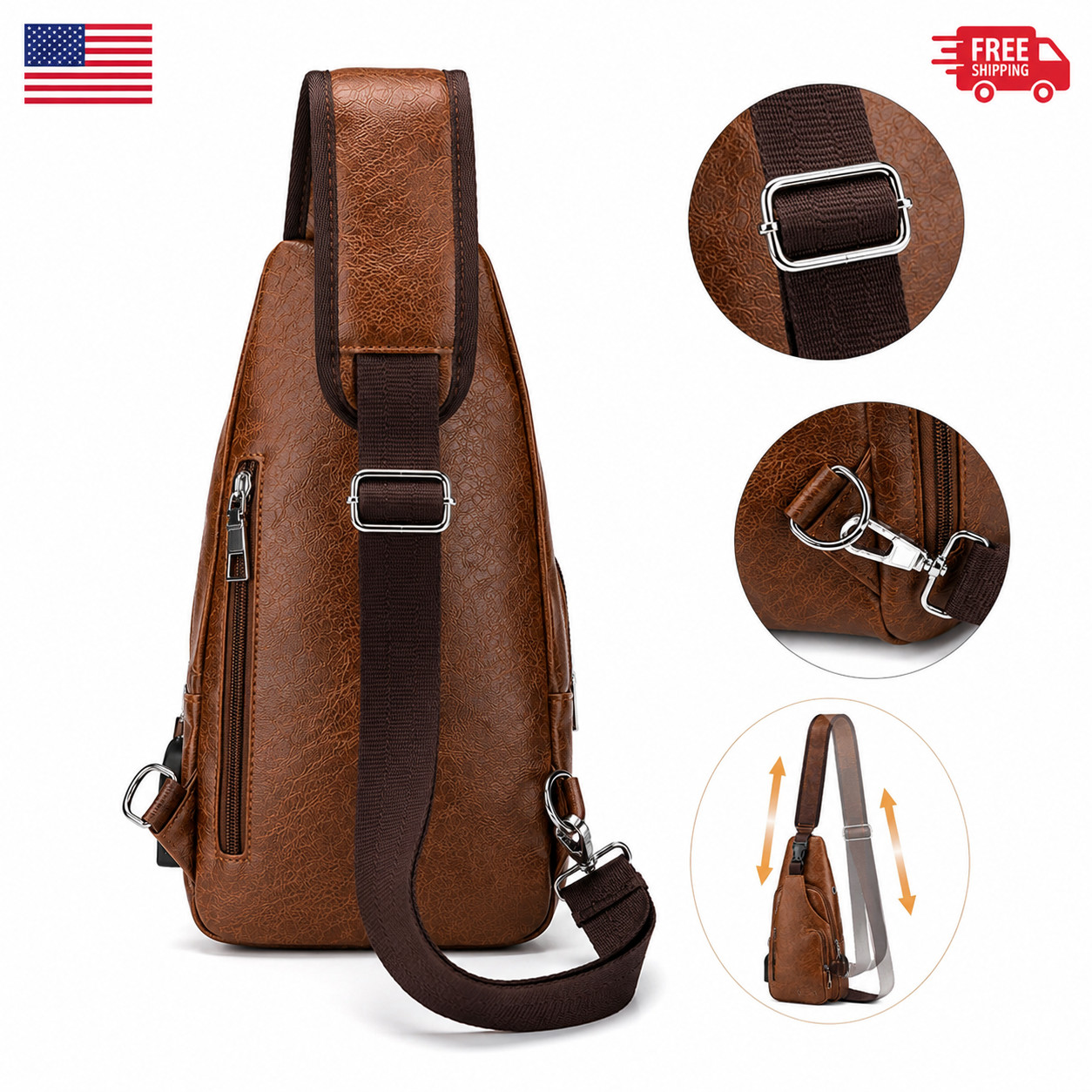 Chest Crossbody Bag Sling Backpack for Men with USB Charge Port Brown
