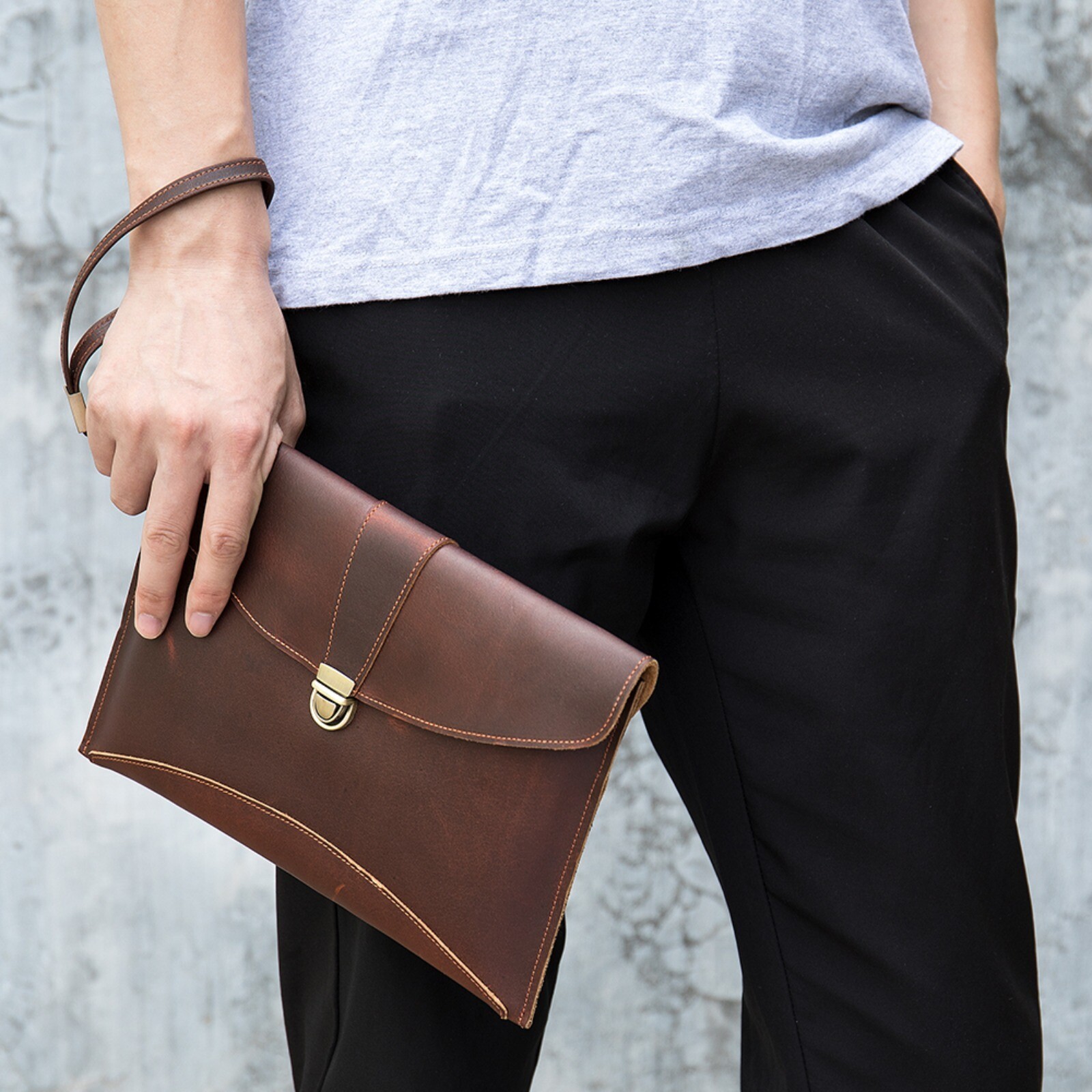 Men’s Leather Clutch Bag with Wrist Strap Business Travel Pouch Workwear Bags Sz