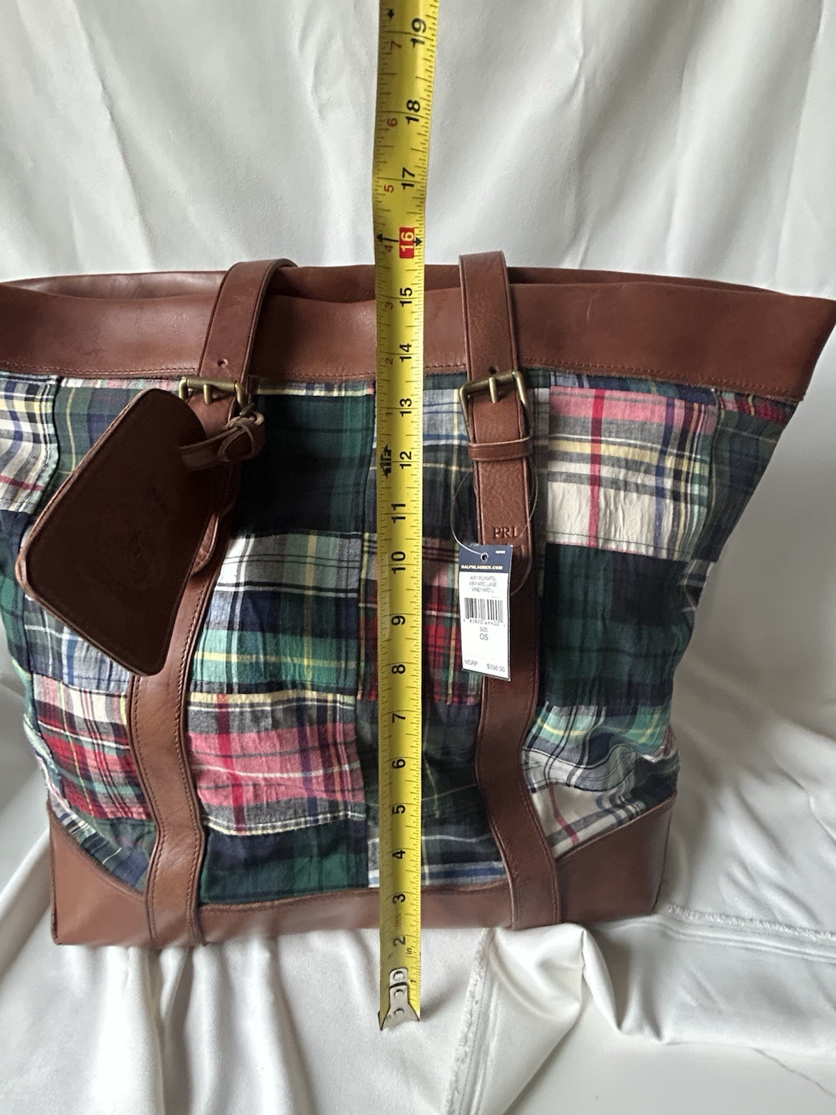 Ralph Lauren Plaid Fabric And Brown Leather Tote Bag New With Tag