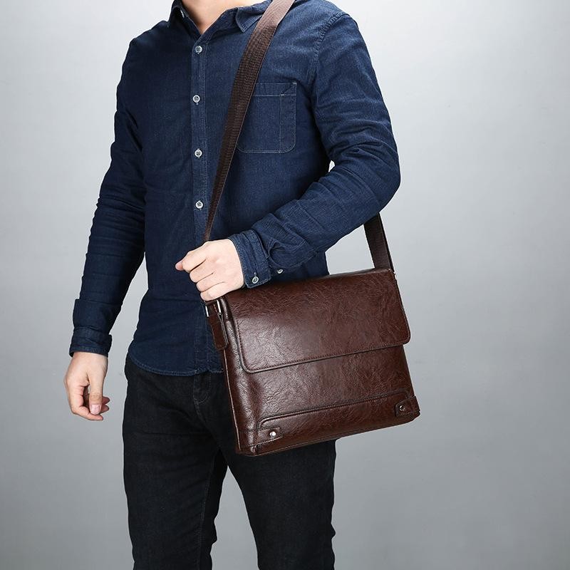 Men’s Solid Color Retro Pu Leather Shoulder Bag, Casual Business Messenger Bag