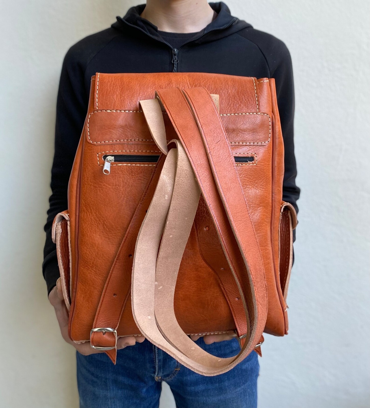Cognac Leather Backpack Handmade Morocco 2 Pockets Genuine Leather Bag