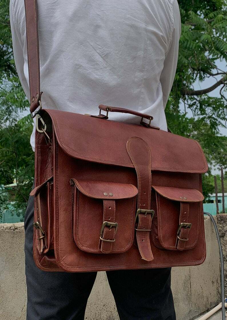 Distressed Leather Laptop Messenger Convertible Briefcase Crossbody Backpack Bag
