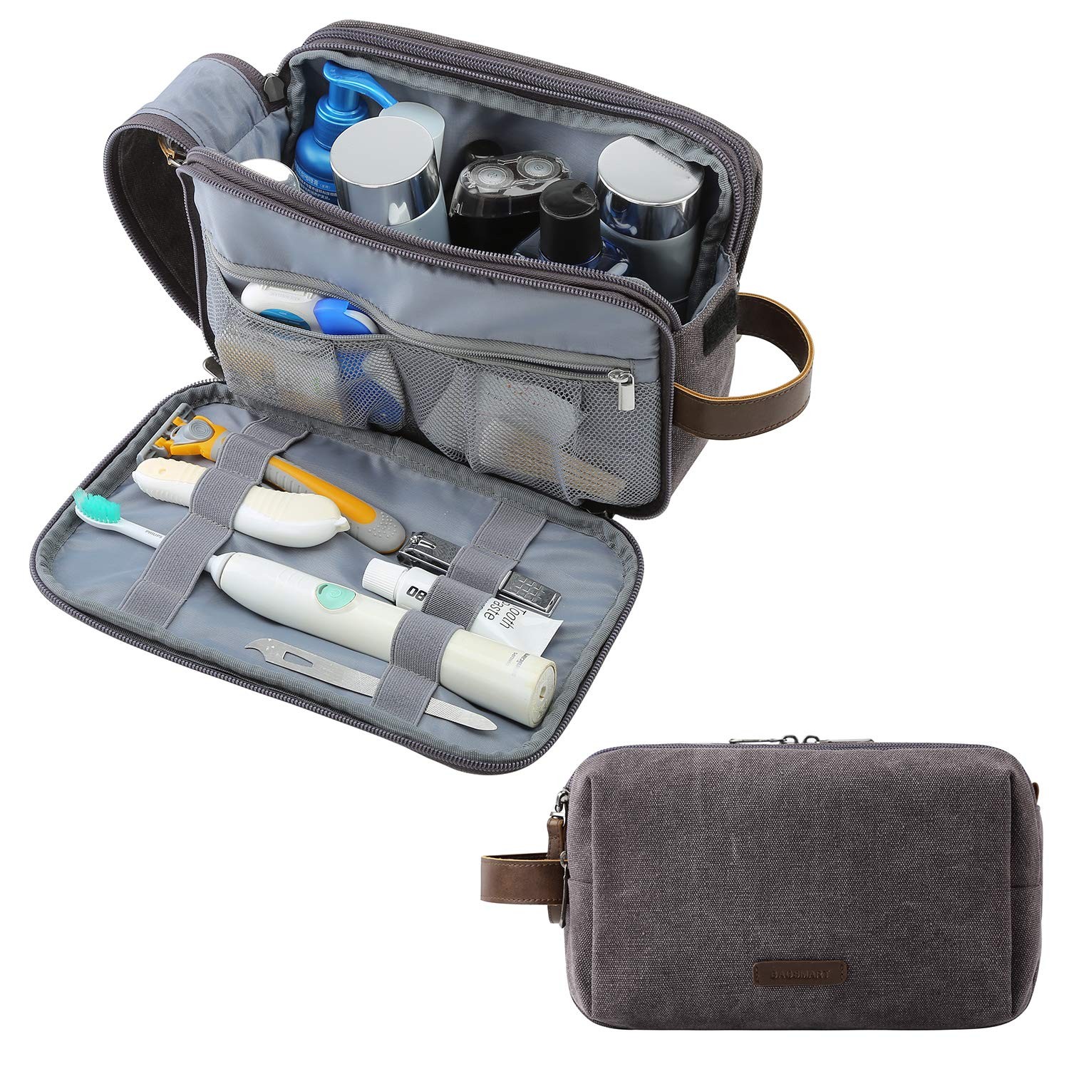 BAGSMART Toiletry Bag for Men, Canvas Travel Organizer Medium, Grey