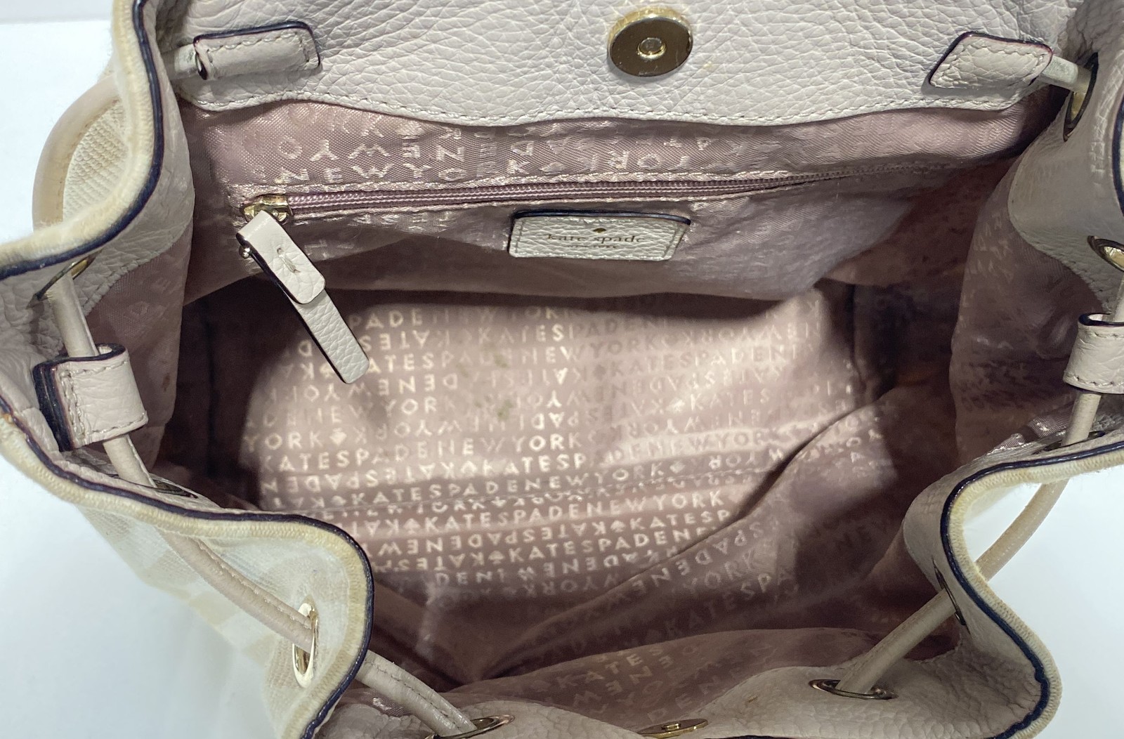 Kate Spade Beige White Striped Pebbled Leather Backpack Gold Hardware