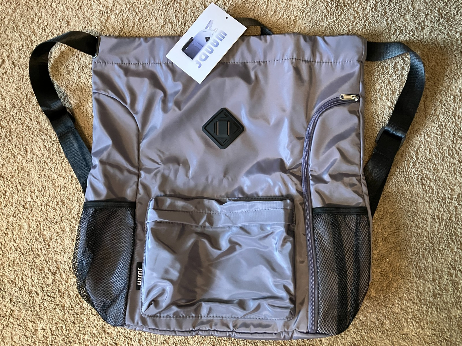 NWT WANDF Gray Drawstring Backpack Sports Gym Bag with Shoes Compartment Large