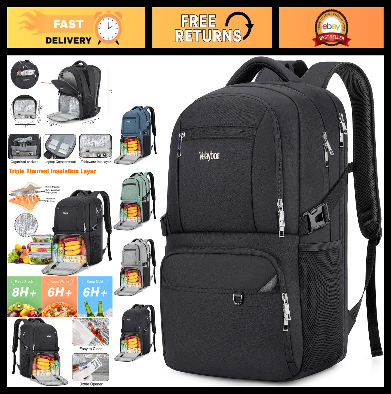 Insulated Lunch Backpack for 17″ Laptop, Water-Resistant Work & Travel Bag, Hiki