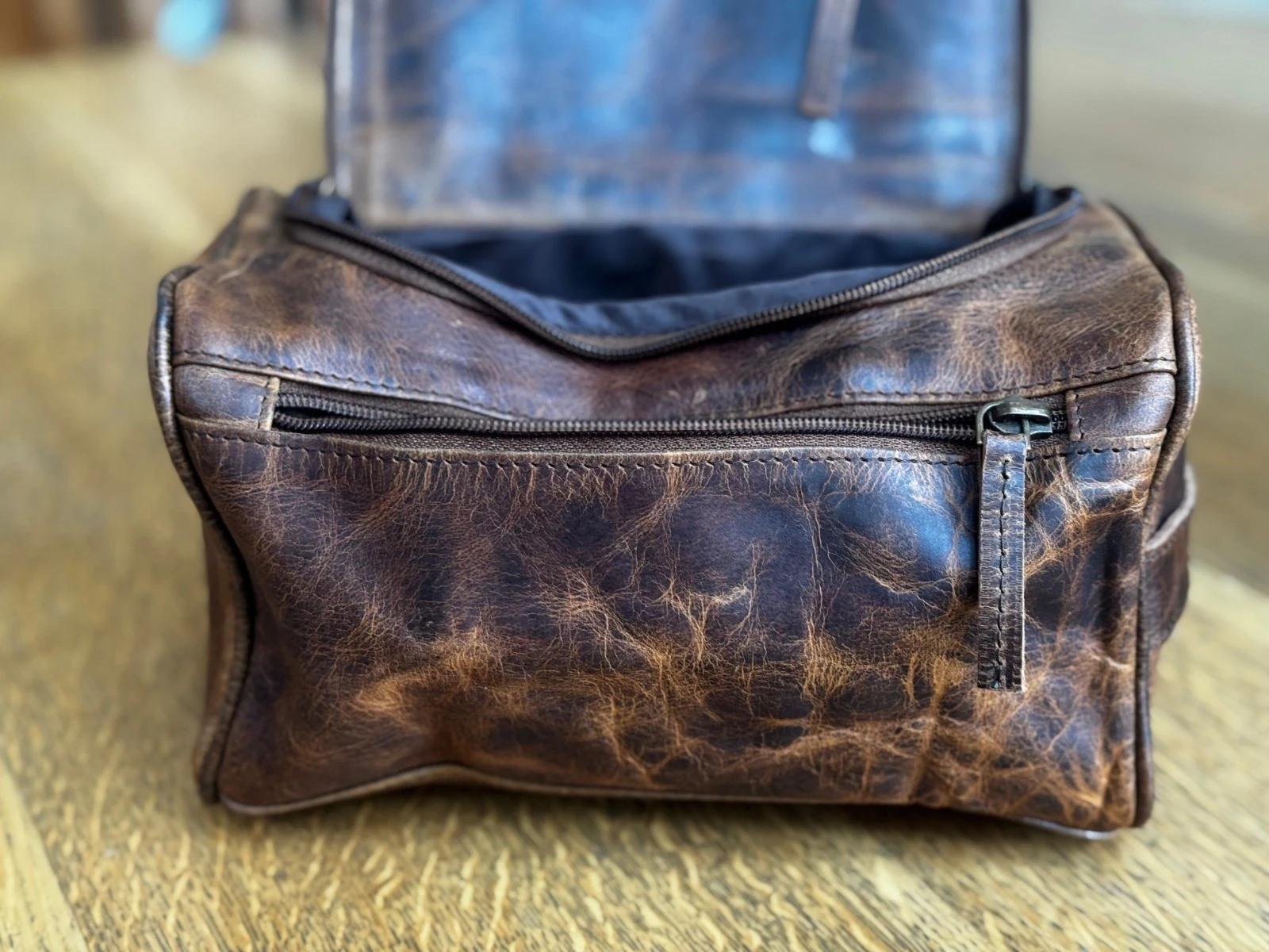 Medium size Grain Leather Dopp Kit Shaving Toiletry Travel Bag Dark Brown