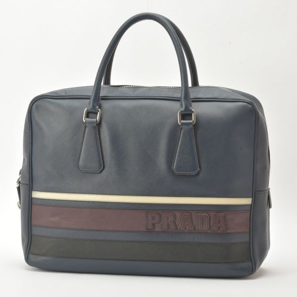 PRADA Logo Business Bag Briefcase Saffiano Leather Navy Blue Handbag Document