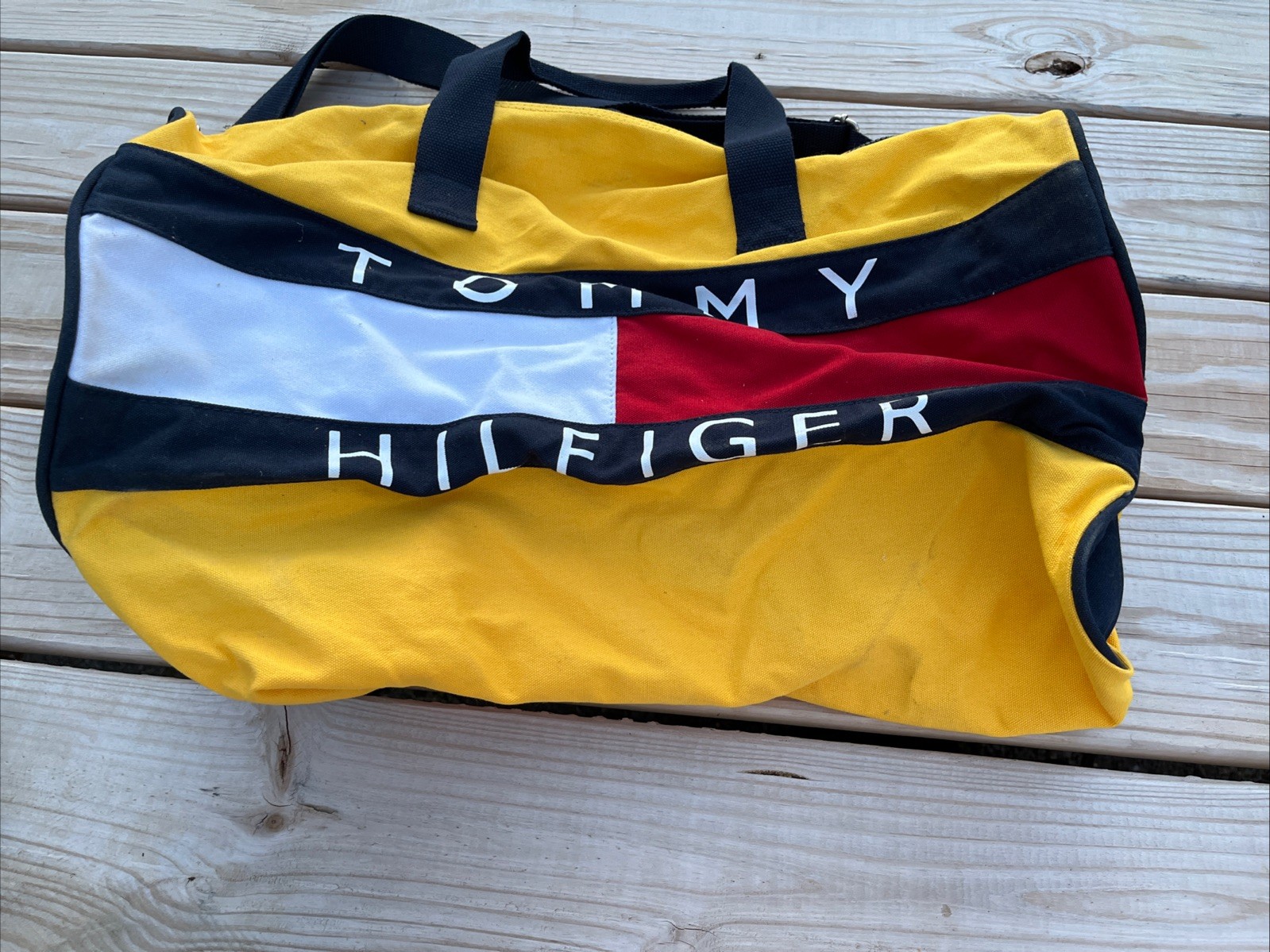 Vintage Y2K RARE Yellow 20” Tommy Hilfiger Canvas Duffle Bag Big Flag Logo