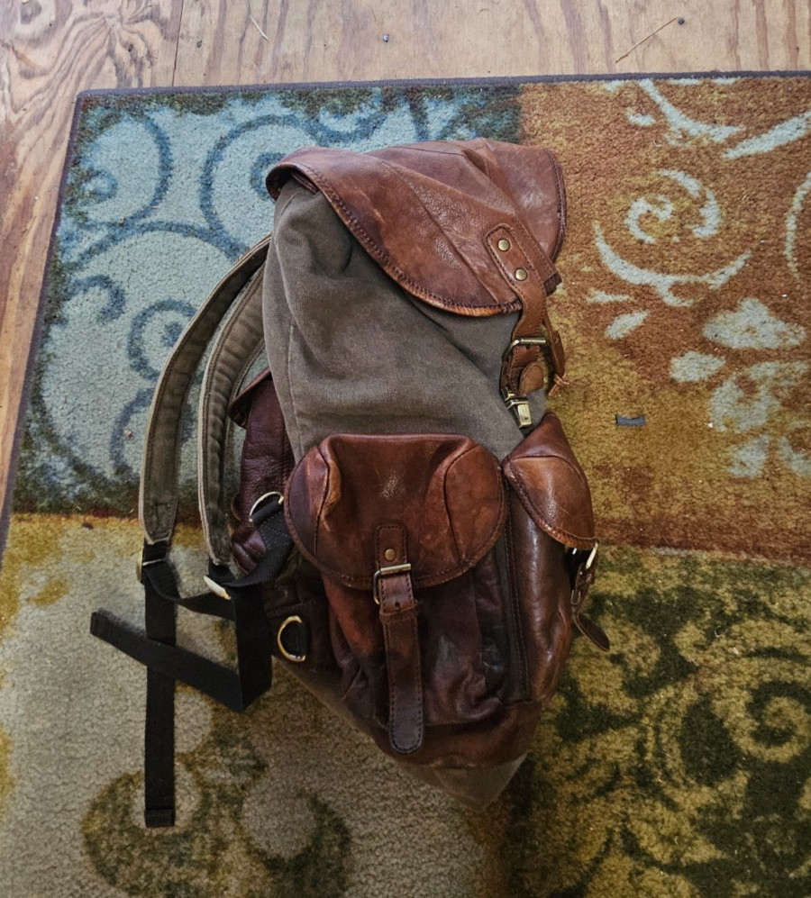 Vintage Distressed Brown Leather & Green Canvas Large Heavy Duty Backpack