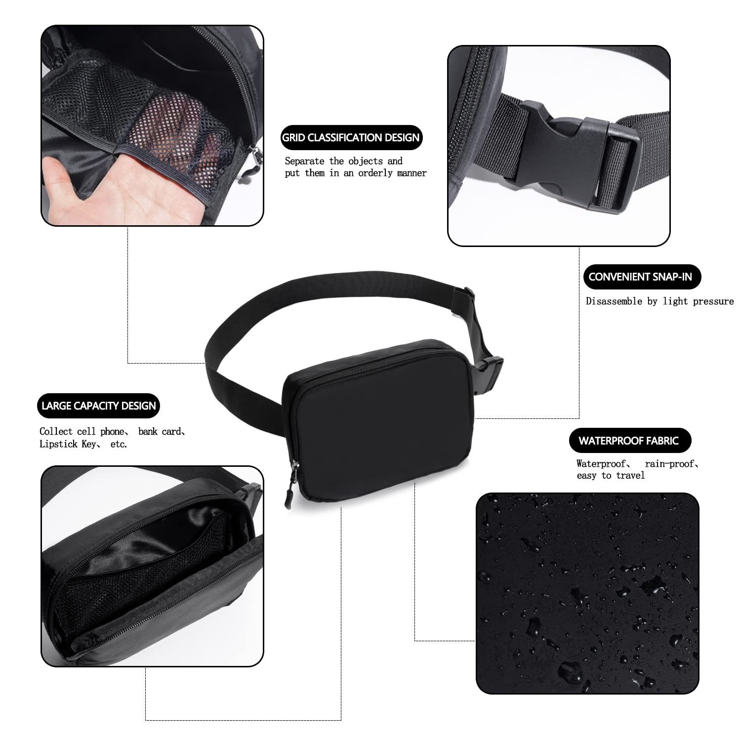 Belt bag Fanny pack crossbody bags for women 8 x 2 x 5.5 inches, black