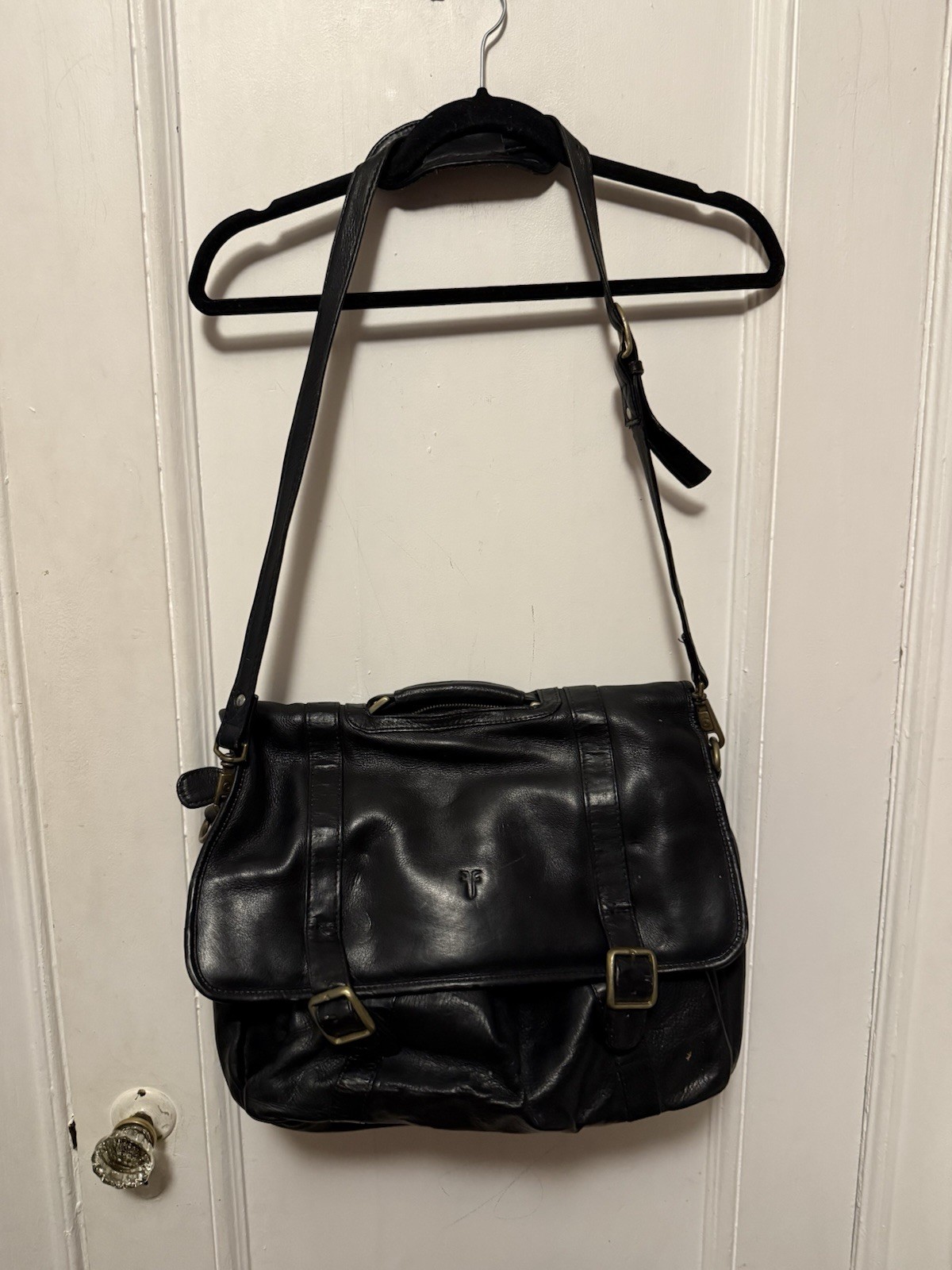 Unisex FRYE Black Leather Satchel Logan Case Organizer Zip Compartments