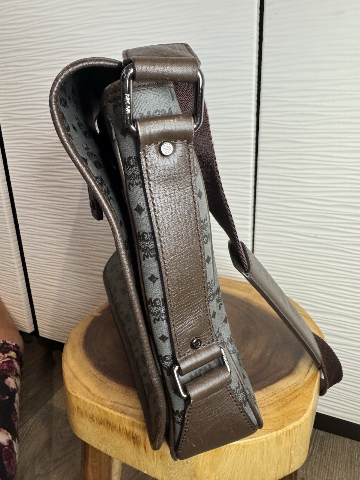 Authentic MCM Visetos Messenger / Crossbody Bag (Grey/Dark Brown)