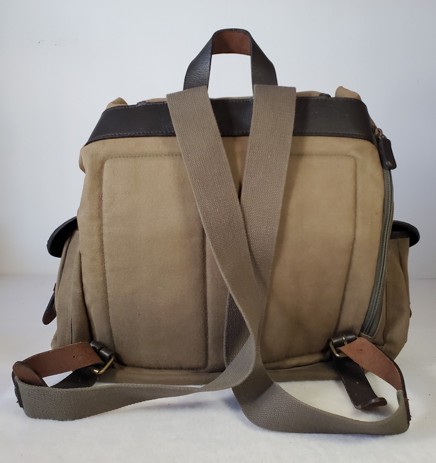 GAP Canvas Military Backpack Leather Straps Snap Pockets Drawstring/ Zipper READ