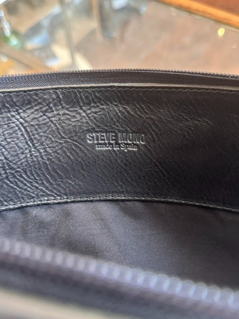 Steve Mono Spain Black Leather & Cobalt Blue Canvas Double Envelope Bag Clutch
